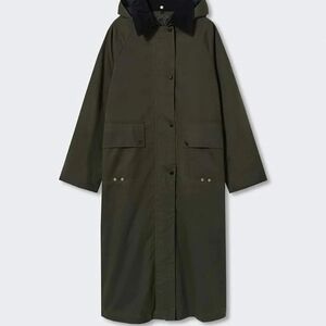 Mango Olive Green Long Trench Coat with Hood